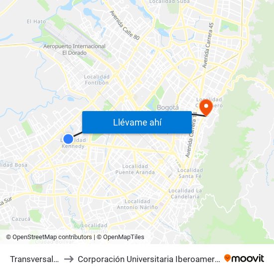 Transversal 86 to Corporación Universitaria Iberoamericana map