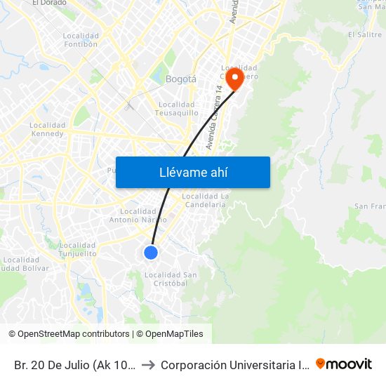 Br. 20 De Julio (Ak 10 - Cl 27a Sur) to Corporación Universitaria Iberoamericana map