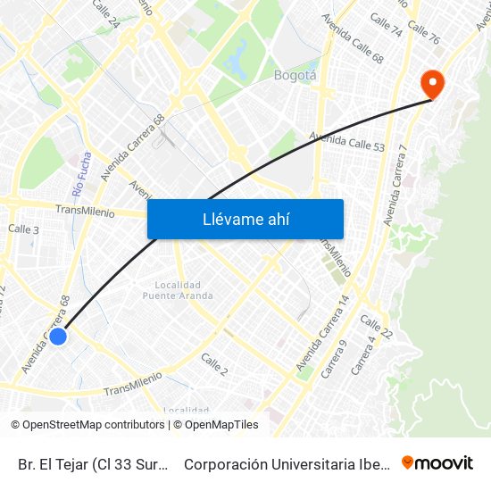 Br. El Tejar (Cl 33 Sur - Kr 52b) to Corporación Universitaria Iberoamericana map