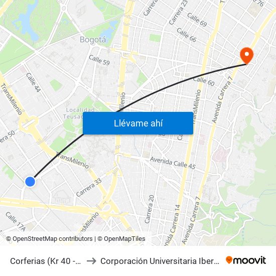 Corferias (Kr 40 - Cl 22a) to Corporación Universitaria Iberoamericana map