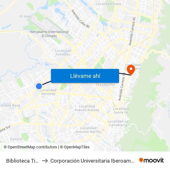 Biblioteca Tintal to Corporación Universitaria Iberoamericana map