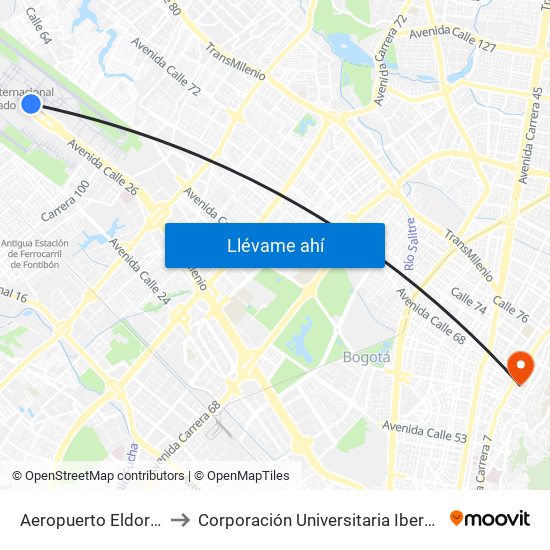 Aeropuerto Eldorado (E) to Corporación Universitaria Iberoamericana map