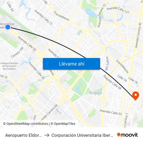 Aeropuerto Eldorado (F) to Corporación Universitaria Iberoamericana map