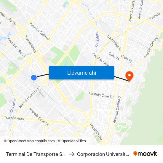 Terminal De Transporte Salitre (Kr 68d - Cl 22c) to Corporación Universitaria Iberoamericana map