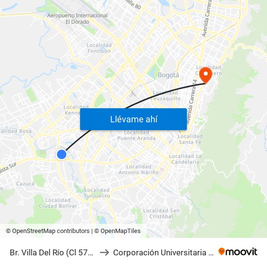 Br. Villa Del Río (Cl 57b Sur - Kr 68a) to Corporación Universitaria Iberoamericana map