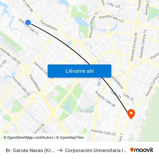 Br. Garcés Navas (Kr 104 - Cl 73) to Corporación Universitaria Iberoamericana map