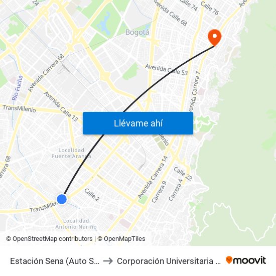Estación Sena (Auto Sur - Cl 12 Sur) to Corporación Universitaria Iberoamericana map
