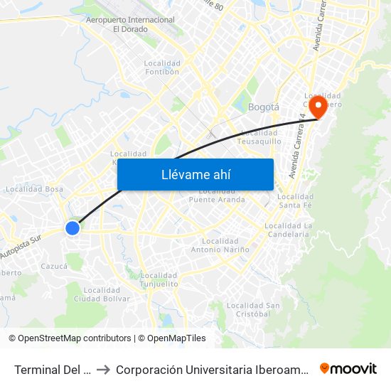 Terminal Del Sur to Corporación Universitaria Iberoamericana map