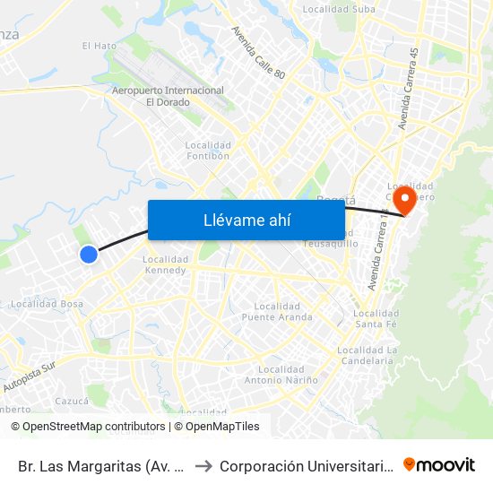 Br. Las Margaritas (Av. Tintal - Cl 49 Sur) to Corporación Universitaria Iberoamericana map