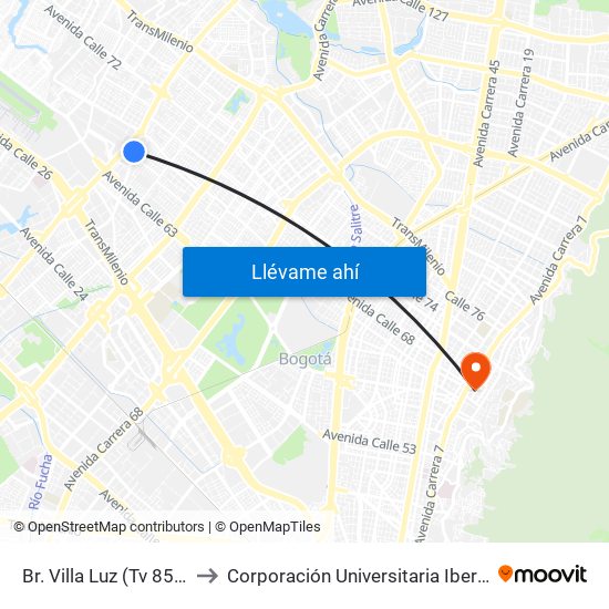 Br. Villa Luz (Tv 85 - Cl 64i) to Corporación Universitaria Iberoamericana map