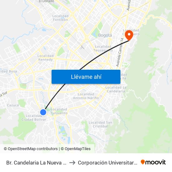 Br. Candelaria La Nueva (Kr 38 - Cl 62 Sur) to Corporación Universitaria Iberoamericana map