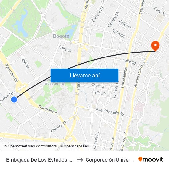 Embajada De Los Estados Unidos (Av. Esperanza - Kr 48) to Corporación Universitaria Iberoamericana map