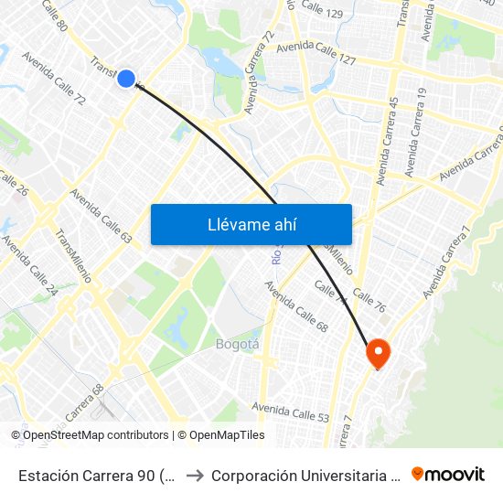 Estación Carrera 90 (Ac 80 - Kr 90) to Corporación Universitaria Iberoamericana map