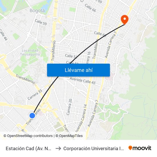 Estación Cad (Av. NQS - Cl 22b) to Corporación Universitaria Iberoamericana map