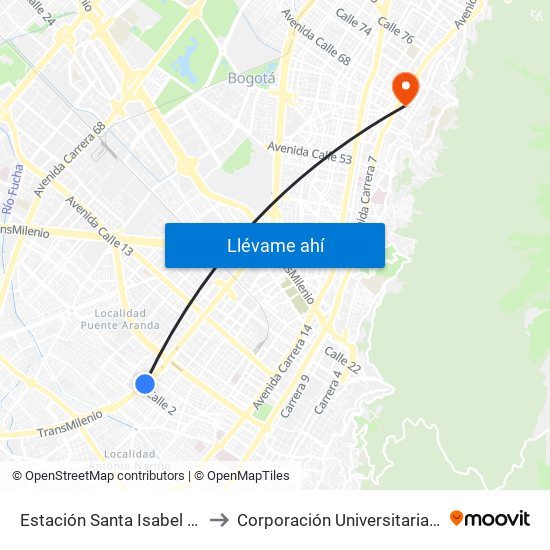 Estación Santa Isabel (Av. NQS - Cl 2) to Corporación Universitaria Iberoamericana map