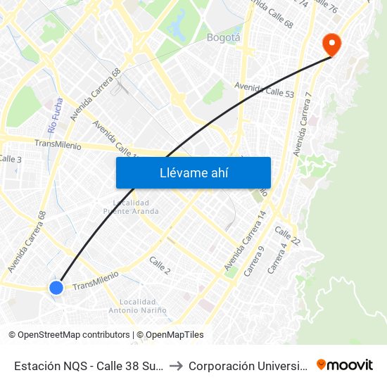 Estación NQS - Calle 38 Sur (Auto Sur - Dg 38a Sur) to Corporación Universitaria Iberoamericana map