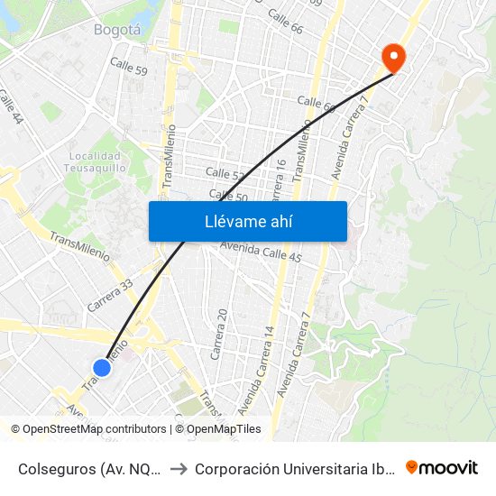 Colseguros (Av. NQS - Cl 22a) to Corporación Universitaria Iberoamericana map