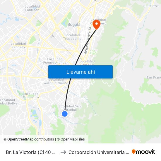 Br. La Victoria (Cl 40 Sur - Kr 3 Este) to Corporación Universitaria Iberoamericana map