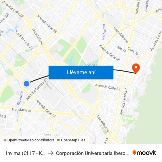 Invima (Cl 17 - Kr 68d) to Corporación Universitaria Iberoamericana map