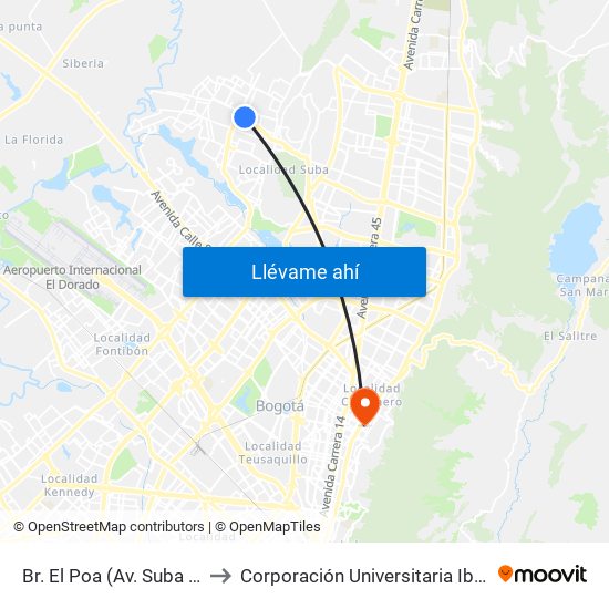 Br. El Poa (Av. Suba - Kr 103b) to Corporación Universitaria Iberoamericana map