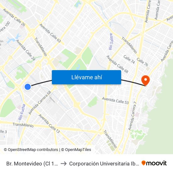 Br. Montevideo (Cl 19 - Kr 69b) to Corporación Universitaria Iberoamericana map