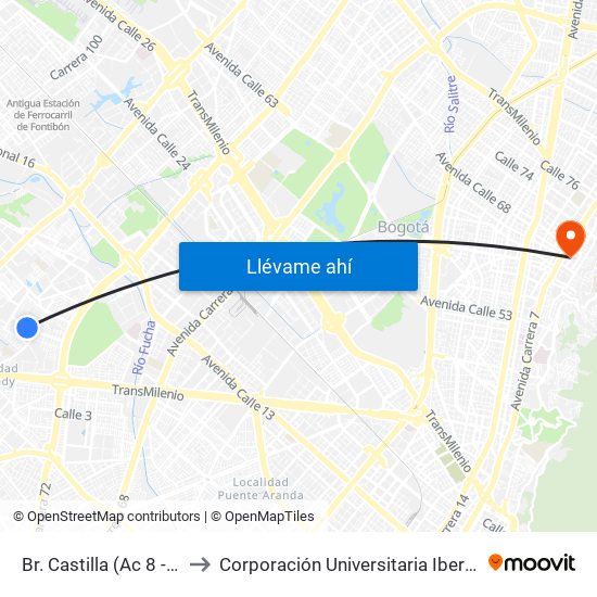 Br. Castilla (Ac 8 - Kr 78c) to Corporación Universitaria Iberoamericana map