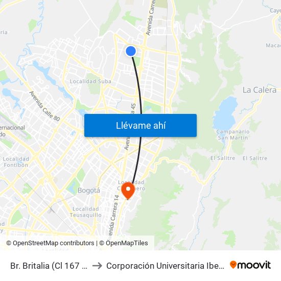 Br. Britalia (Cl 167 - Kr 54d) to Corporación Universitaria Iberoamericana map