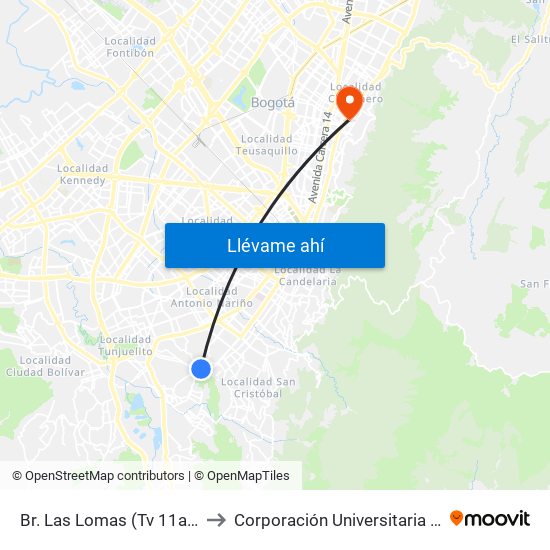 Br. Las Lomas (Tv 11a - Dg 38g Sur) to Corporación Universitaria Iberoamericana map