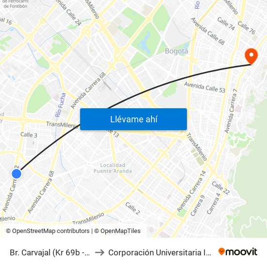 Br. Carvajal (Kr 69b - Cl 37a Sur) to Corporación Universitaria Iberoamericana map