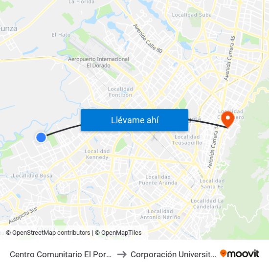 Centro Comunitario El Porvenir (Cl 52 Sur - Kr 100) to Corporación Universitaria Iberoamericana map