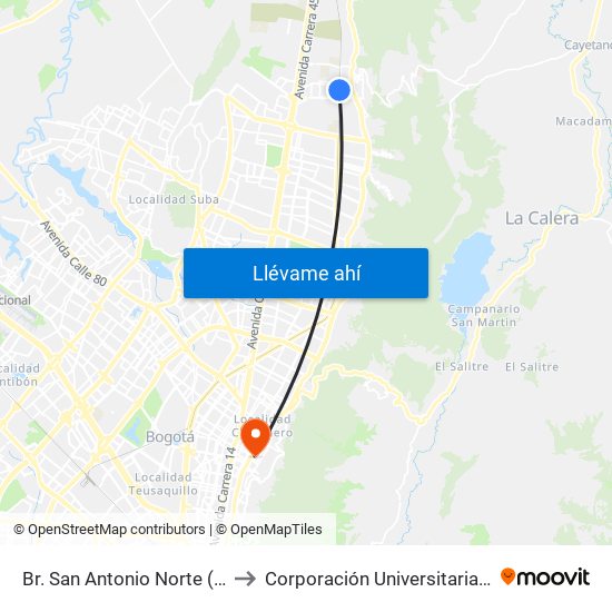 Br. San Antonio Norte (Ak 9 - Cl 185b) to Corporación Universitaria Iberoamericana map