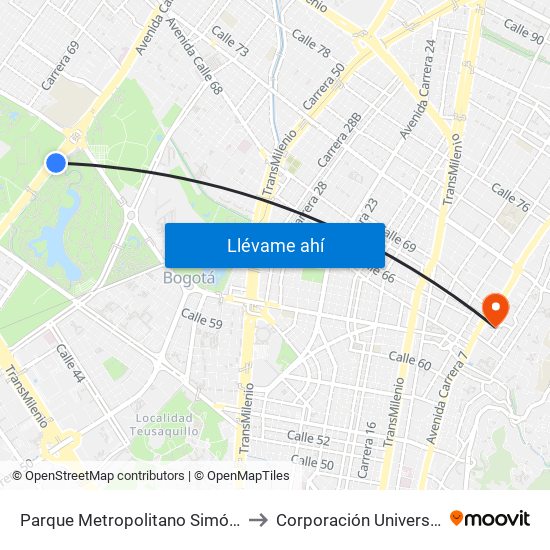 Parque Metropolitano Simón Bolívar (Ak 68 - Ac 63) (A) to Corporación Universitaria Iberoamericana map