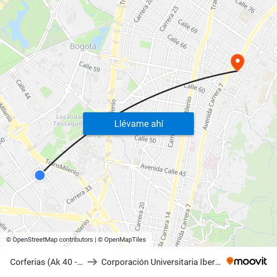 Corferias (Ak 40 - Cl 24c) to Corporación Universitaria Iberoamericana map