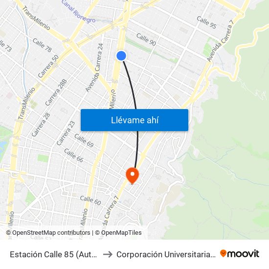 Estación Calle 85 (Auto Norte - Cl 85) to Corporación Universitaria Iberoamericana map