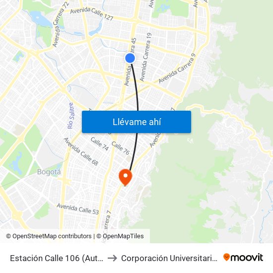 Estación Calle 106 (Auto Norte - Cl 105) to Corporación Universitaria Iberoamericana map