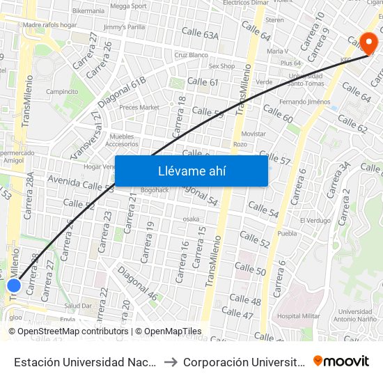 Estación Universidad Nacional (Av. NQS - Cl 45a) to Corporación Universitaria Iberoamericana map