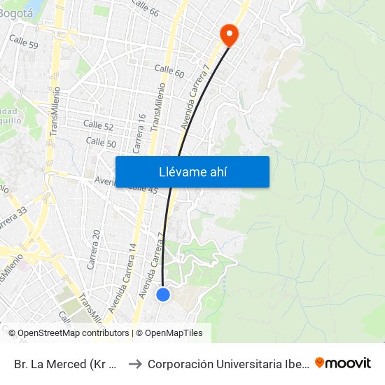 Br. La Merced (Kr 5 - Cl 33a) to Corporación Universitaria Iberoamericana map