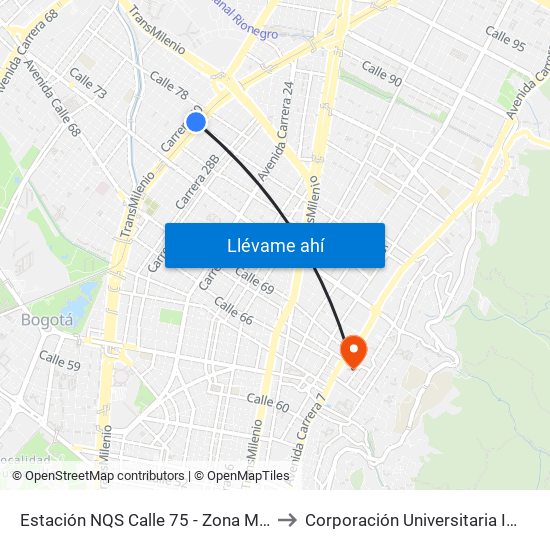 Estación NQS Calle 75 - Zona M (Av NQS - Cl 76) to Corporación Universitaria Iberoamericana map
