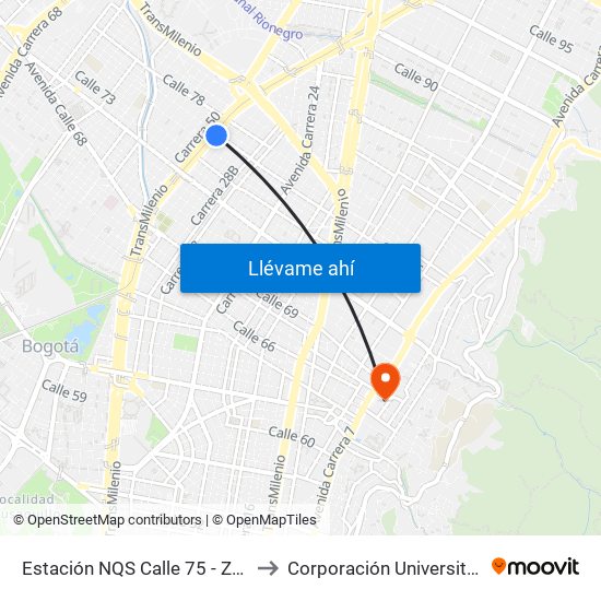 Estación NQS Calle 75 - Zona M (Av. NQS - Cl 75) to Corporación Universitaria Iberoamericana map