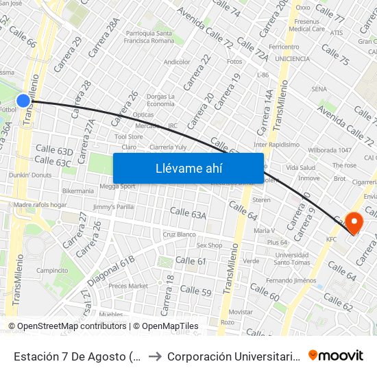 Estación 7 De Agosto (Av. NQS - Cl 63g) to Corporación Universitaria Iberoamericana map