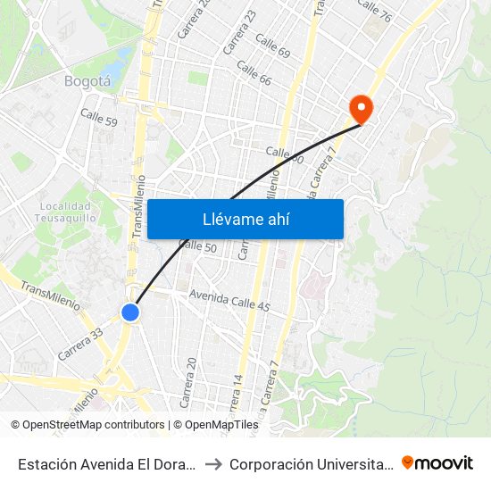 Estación Avenida El Dorado (Av. NQS - Cl 40a) to Corporación Universitaria Iberoamericana map