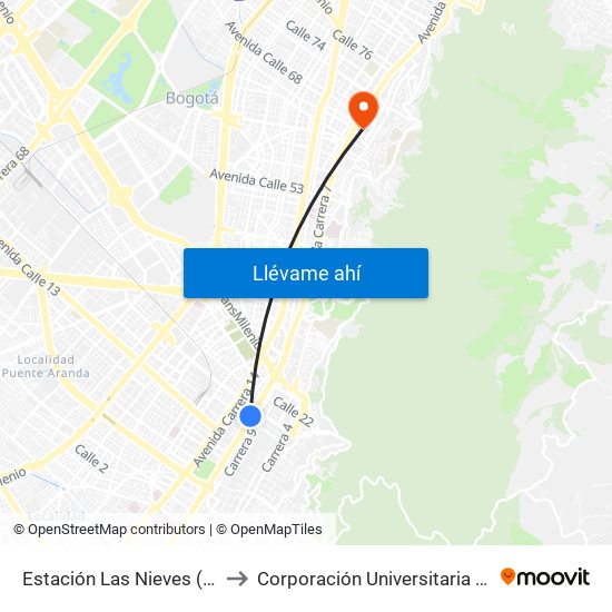 Estación Las Nieves (Ak 10 - Cl 17) to Corporación Universitaria Iberoamericana map