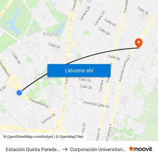 Estación Quinta Paredes (Ac 26 - Kr 45) to Corporación Universitaria Iberoamericana map