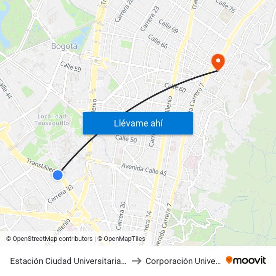 Estación Ciudad Universitaria - Lotería De Bogotá (Ac 26 - Kr 36) to Corporación Universitaria Iberoamericana map