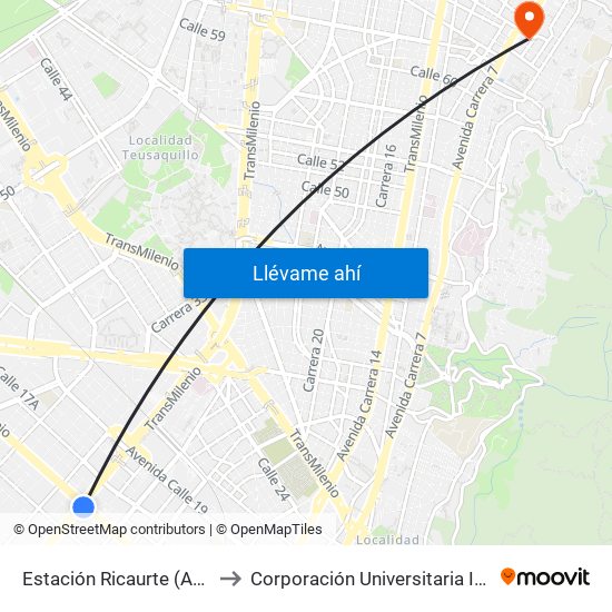 Estación Ricaurte (Ac 13 - Kr 29) to Corporación Universitaria Iberoamericana map