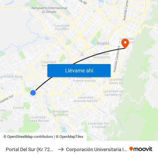 Portal Del Sur (Kr 72d - Cl 57k Sur) to Corporación Universitaria Iberoamericana map