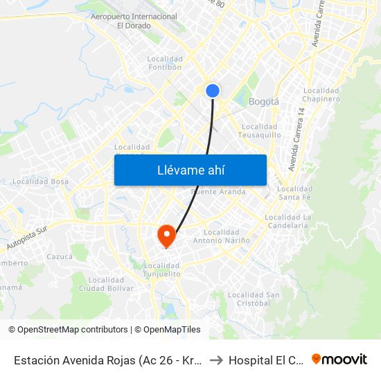 Estación Avenida Rojas (Ac 26 - Kr 69d Bis) (B) to Hospital El Carmen map