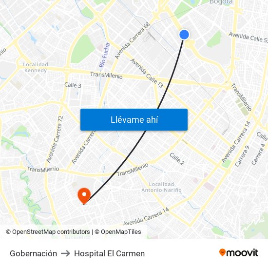 Gobernación to Hospital El Carmen map