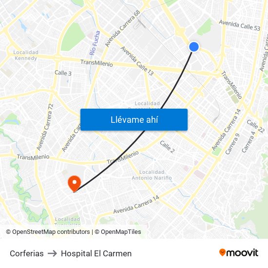 Corferias to Hospital El Carmen map