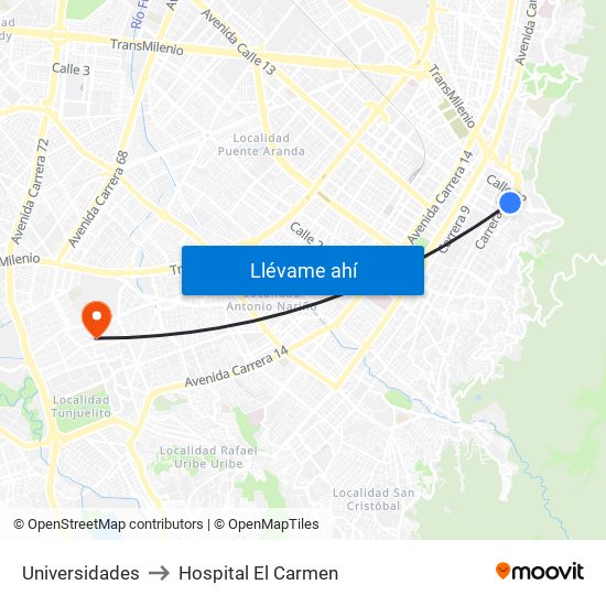 Universidades to Hospital El Carmen map